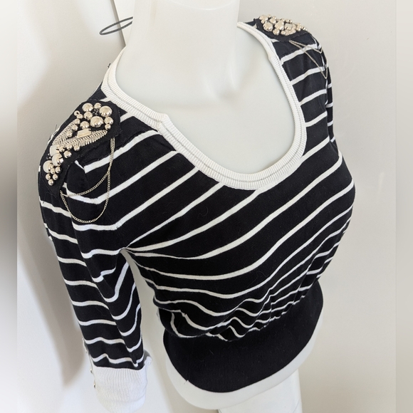Black and White Striped Knit Top with Shoulder Embellishments; Size S - Picture 1 of 9